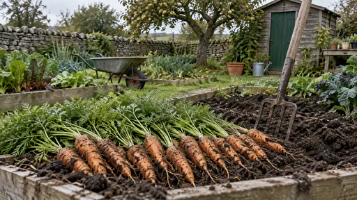 A row of freshly lifted orange carrots with feathery tops lies on the edge of a dug raised bed beside a garden fork in damp dark earth with a wheelbarrow behind in diffuse overcast light.