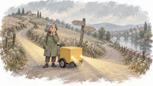 A woman with short grey hair in a green raincoat stands with a hand on her chin at a lane fork beside a small plain yellow cart that shines soft beams down a hill road and a river road, a signpost with blank boards leaning beside them.