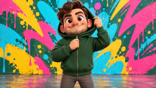 A fully clothed adult in a plain forest green hoodie zips the front zipper up to the chin in front of an abstract multicolour graffiti wall with no letters in a glossy 3D caricature.