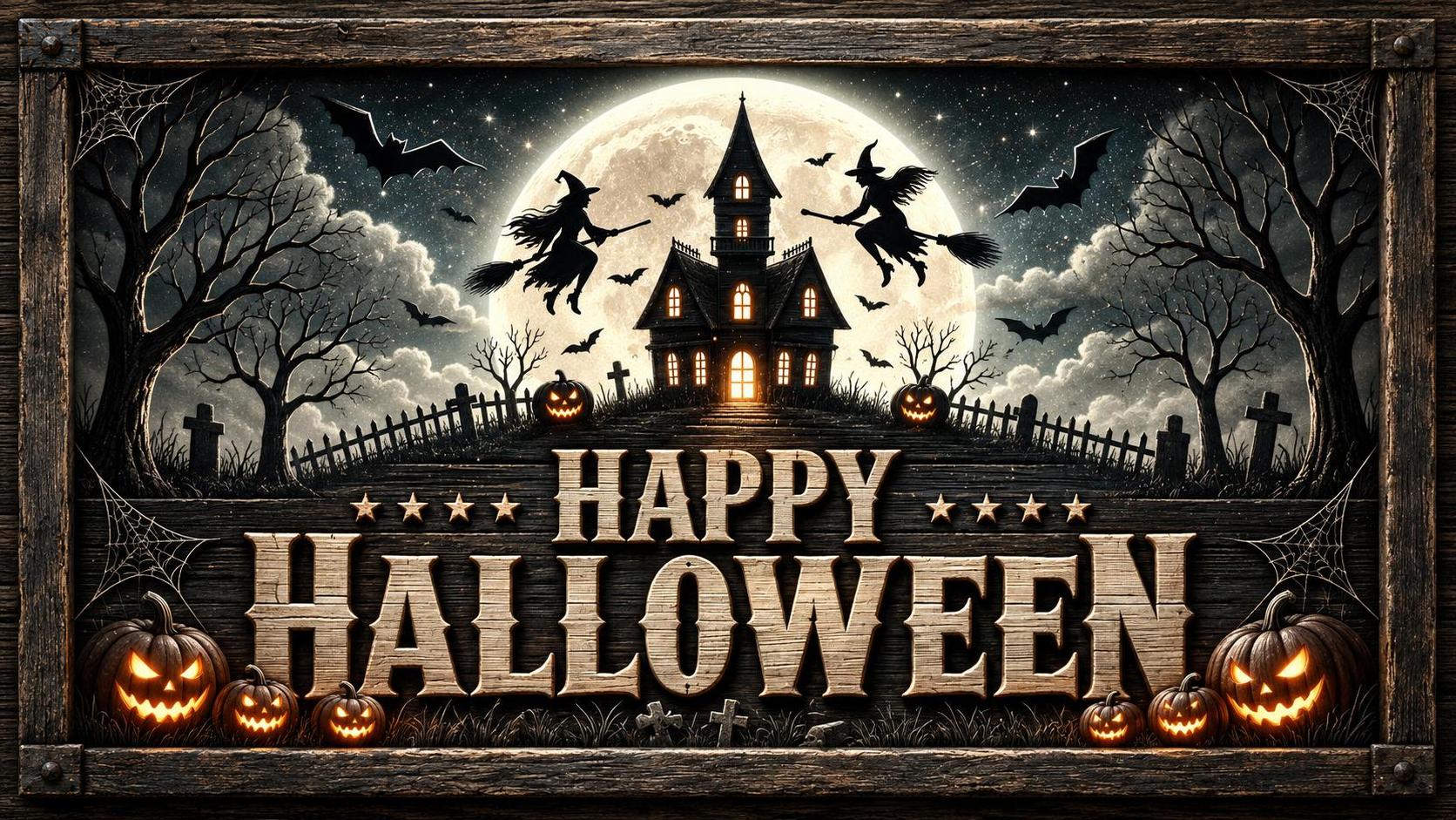 A weathered wooden frame surrounds carved HAPPY HALLOWEEN lettering, a haunted house against a full moon, two witches, bats, bare trees and glowing jack-o-lanterns.