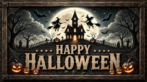 A weathered wooden frame surrounds carved HAPPY HALLOWEEN lettering, a haunted house against a full moon, two witches, bats, bare trees and glowing jack-o-lanterns.