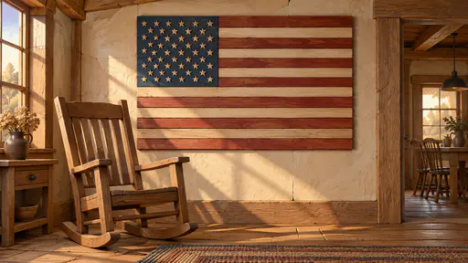 Farmhouse wall with a carved wooden flag of grooved planks and a blue star panel. Thirteen stripes and a neat canton come handmade.