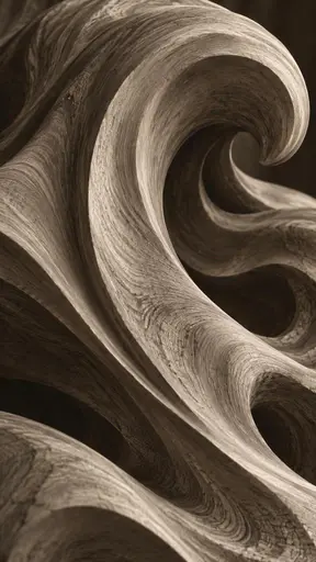 A tall close study of a carved wooden wave sculpture with deep looping ridges and smooth interlocking curves, the grain catching soft side light in warm sepia tones.