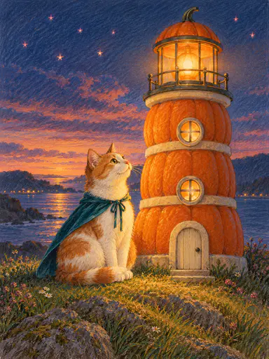 Colored-pencil illustration of a cream cat with pumpkin-orange patches wearing a small velvet-teal cape, sitting beside a tiny glowing pumpkin lighthouse with a lantern room, gazing up at its warm light under a dusk-blue sky with small stars.
