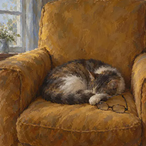A loose oil painting of a dusty ochre armchair with a cat curled tightly in the warm hollow of its vacated seat; beside the cat lie still-open reading glasses with one paw draped lightly across one glasses arm, under cool window light with warm reflected glow and soft slate shadows.