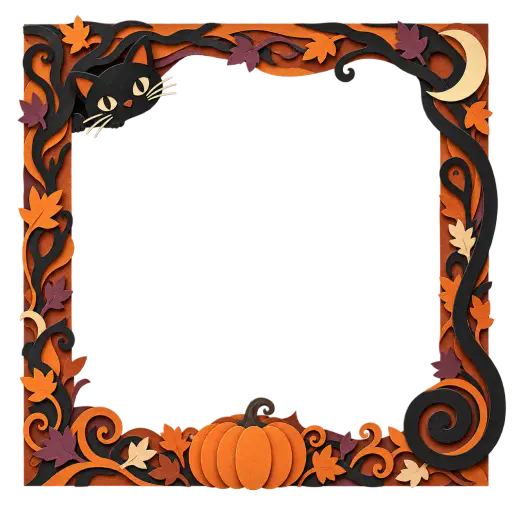 Layered cut-paper Halloween photo border: a black cat peeks around the top-left corner of the frame and its long tail curls into a spiral forming the bottom-right corner; a pumpkin and crescent moon sit on the border band and the centre stays a clear transparent opening ready for a photo.