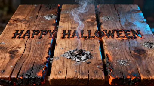 Photo-quality 3D render of thick cedar planks burned with the phrase, glowing ember bevels, curling smoke wisps and ash dust on a rustic tabletop with bold seasonal mood.