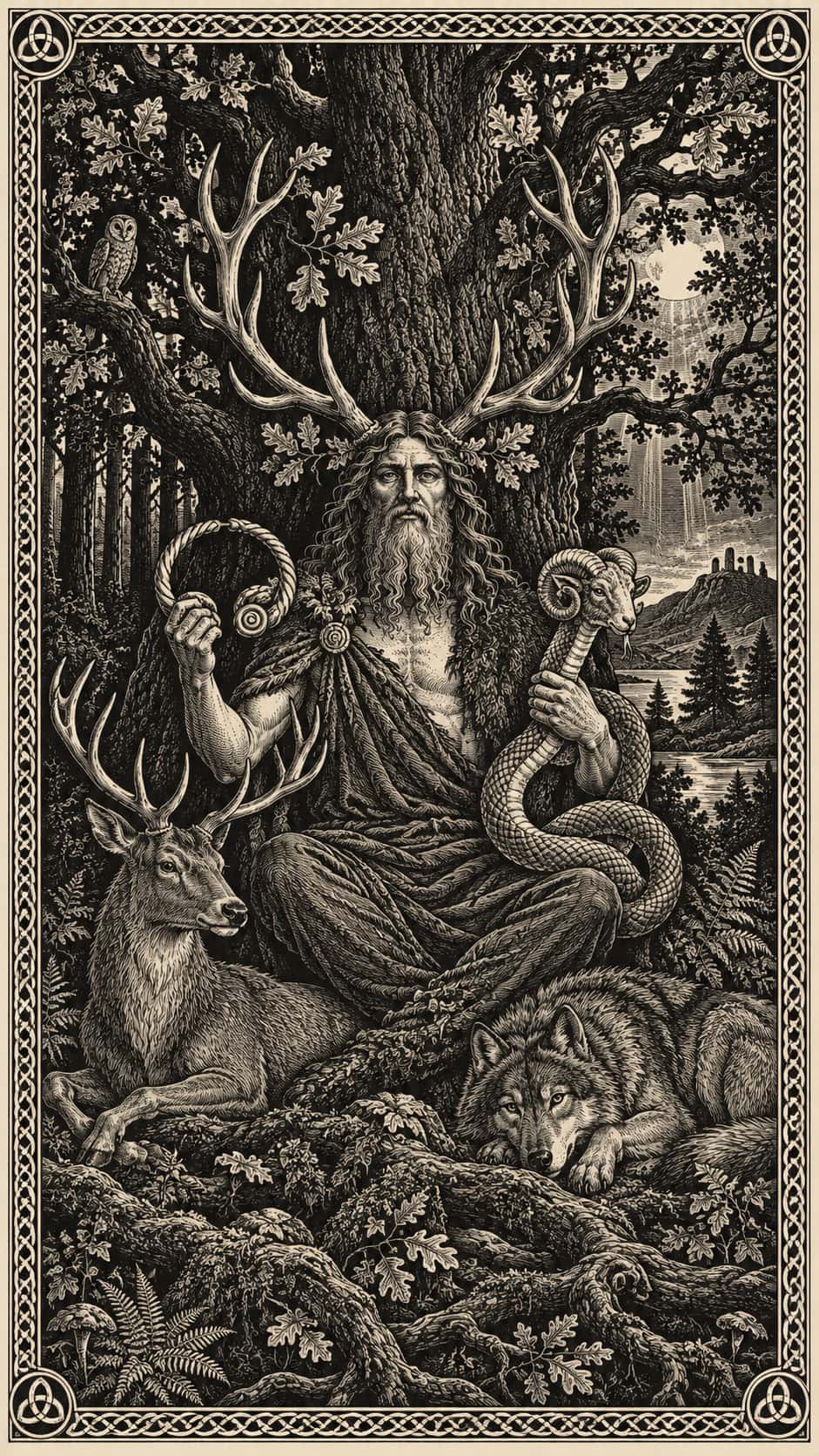 The antlered Celtic god Cernunnos sits cross-legged holding a torc and a ram-headed serpent with a stag and a wolf at his feet beneath an enormous oak in white line woodcut.