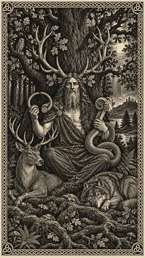 The antlered Celtic god Cernunnos sits cross-legged holding a torc and a ram-headed serpent with a stag and a wolf at his feet beneath an enormous oak in white line woodcut.