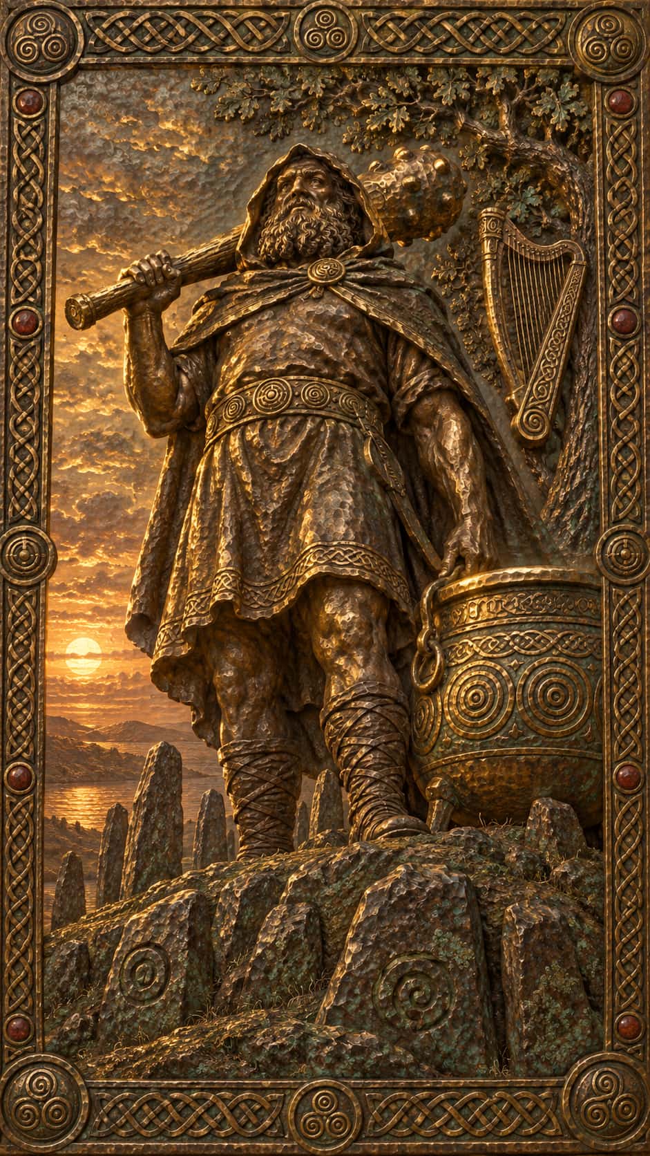 The Irish father god the Dagda, a bearded figure in a hooded cloak, carries an enormous club over his shoulder beside a great cauldron on a hilltop of standing stones in hammered bronze and gold.