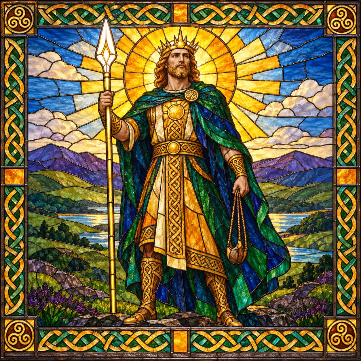 The Celtic god of light Lugh, a crowned bearded warrior with a golden halo, a blazing spear and a sling, stands before a rising sun and green hills in soldered stained glass.