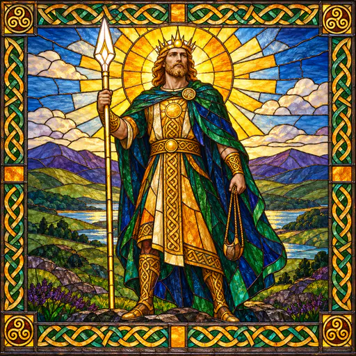 The Celtic god of light Lugh, a crowned bearded warrior with a golden halo, a blazing spear and a sling, stands before a rising sun and green hills in soldered stained glass.