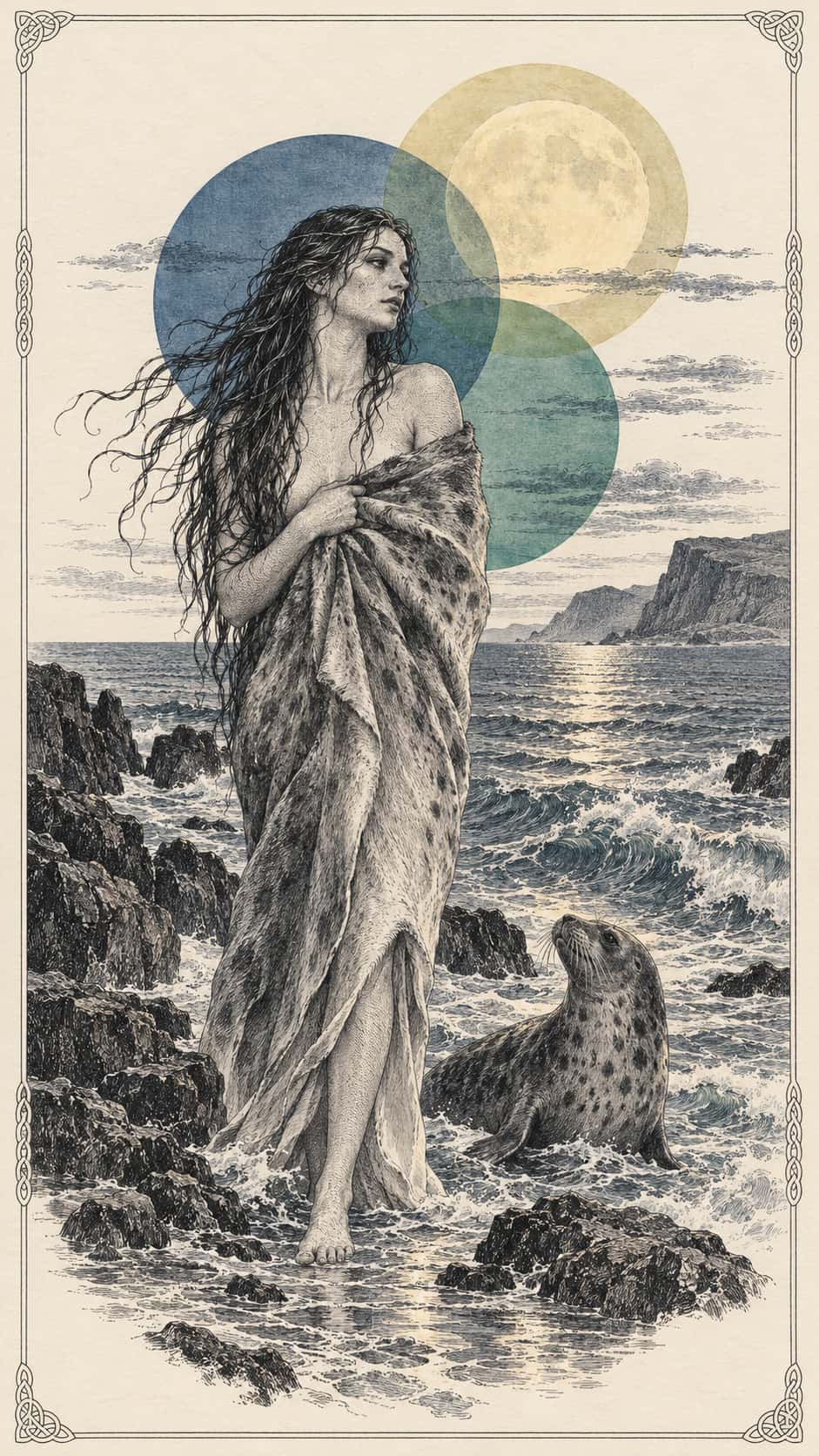 A Celtic selkie, a seal woman with long wet hair wrapped in a grey seal skin, stands among waves on a rocky shore with a seal beside her under a rising full moon in engraved lines.