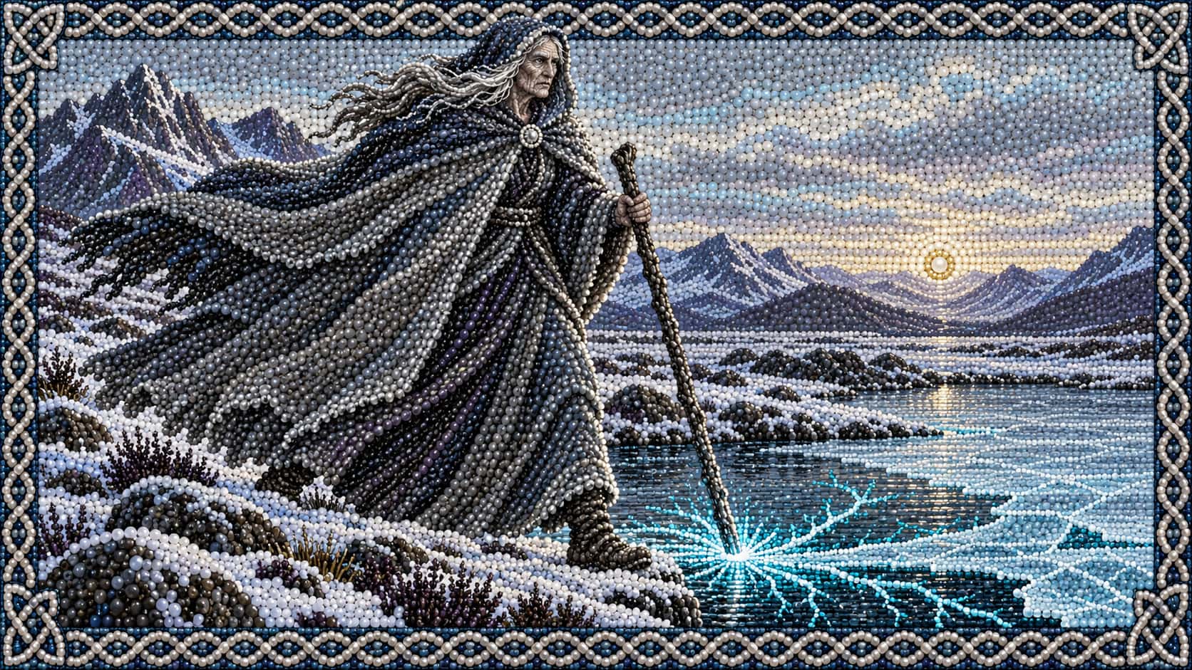 The Celtic winter goddess the Cailleach, a tall old woman in a hooded shawl with a long staff, strides across a snowy highland moor and freezes a small loch under a pale dawn in jewelled beads.