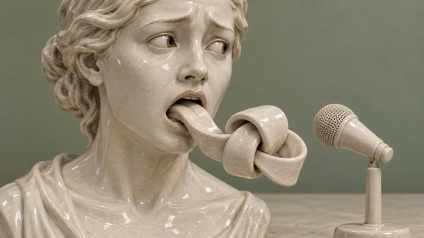 Tongue-tied: a smooth ceramic portrait bust with an open mouth from which one continuous ribbon-shaped tongue flows out and ties into a loose knot, a small microphone waiting nearby.