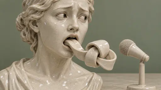 Tongue-tied: a smooth ceramic portrait bust with an open mouth from which one continuous ribbon-shaped tongue flows out and ties into a loose knot, a small microphone waiting nearby.