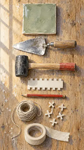 A square sage glazed ceramic tile lies beside a small trowel, a rubber mallet, tile spacers and a pencil on a wooden workbench seen from above.