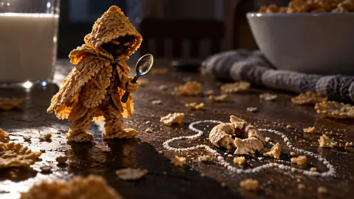 Cereal killer: A hooded cornflake character with a spoon stands over a crushed cereal ring inside a chalk outline on a breakfast table with a glass of milk.