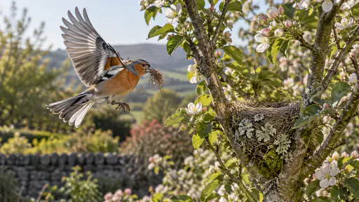 A male chaffinch flies in with wings raised and a beakful of fine rootlets toward a part-woven grey-green cup nest decorated with lichen in the fork of a flowering garden shrub in warm afternoon light.