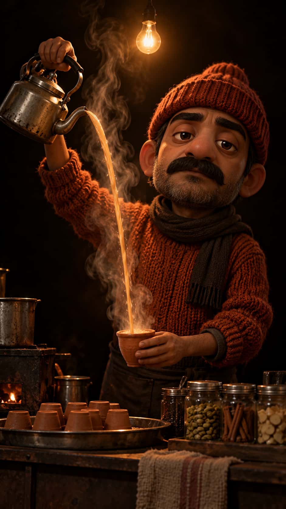A stylized noir toon adult chai seller in a chunky orange knit sweater and ribbed beanie pours spiced milky tea in a long arc from a kettle into a small clay cup under a single hanging bulb.