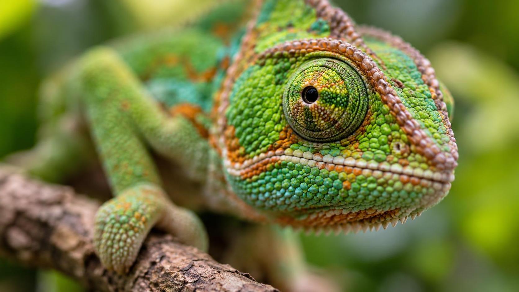 A close up of a green chameleon with sharp focus on its swivelling eye and textured scales in vibrant green, orange and turquoise clinging to a branch.
