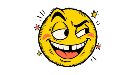A retro scratchy ink cartoon yellow smiley face with a huge toothy lopsided grin, a gap tooth and oversized sideways eyes, isolated on a transparent background.