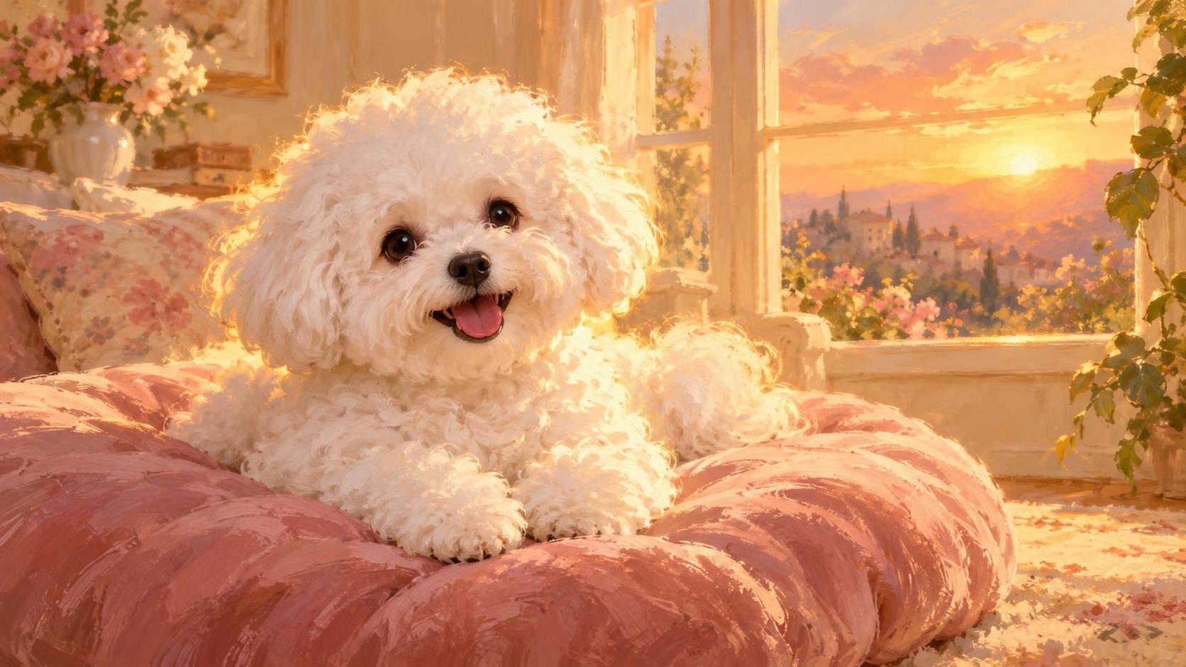 A gentle bichon frise with a fluffy white coat and a cheerful open mouthed expression sits on a soft cushion in a bright room.