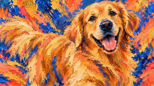 A cheerful golden retriever with a happy open mouth is built from bursts of vibrant paint colour in an abstract artwork.