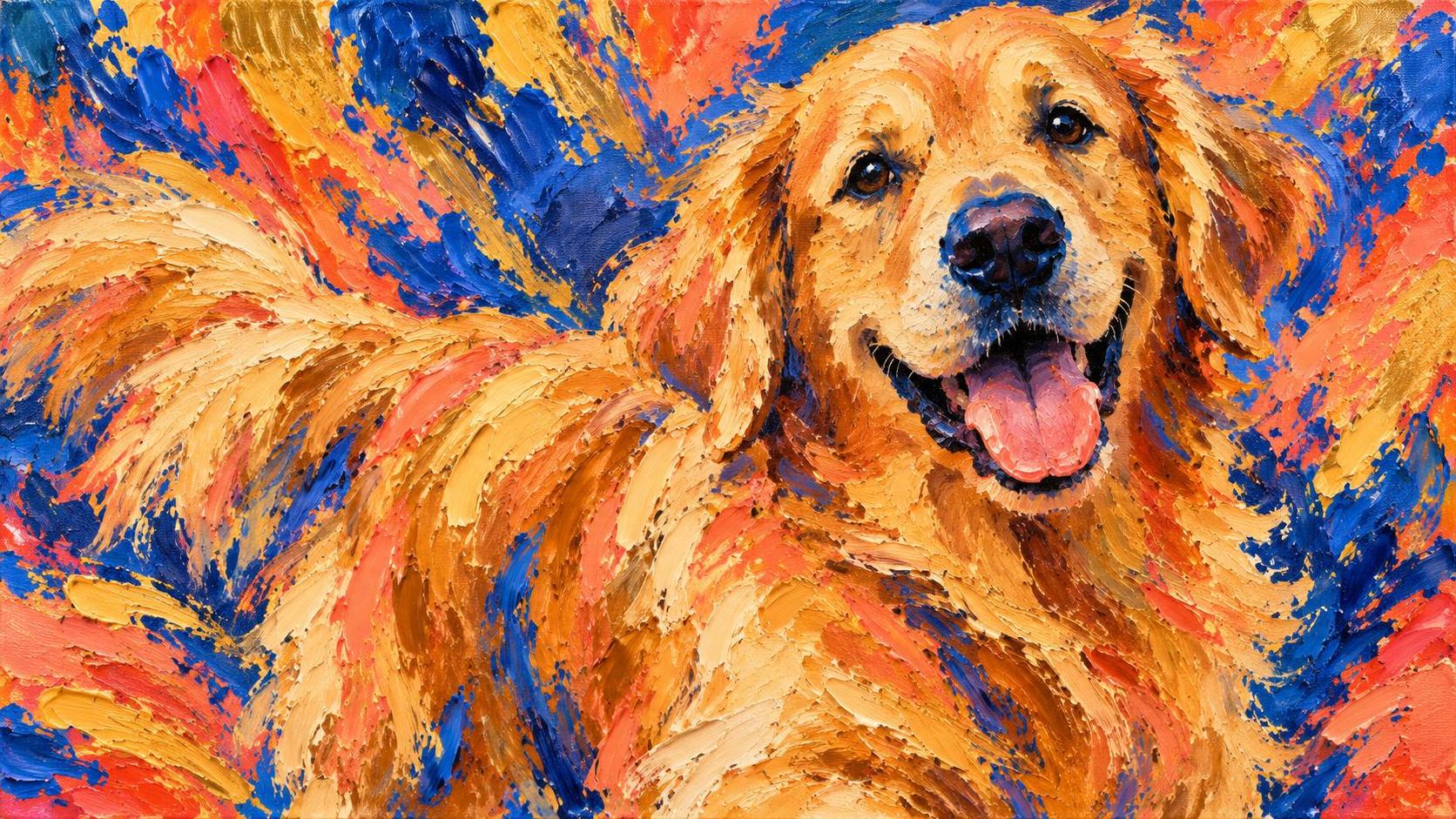 A cheerful golden retriever with a happy open mouth is built from bursts of vibrant paint colour in an abstract artwork.