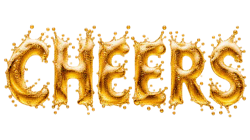 The word CHEERS in huge capital letters made of amber liquid splash with crown-like splash tips, droplets and bubbles, on a transparent background.