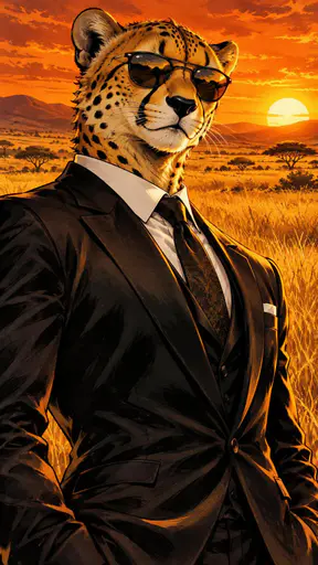 A cheetah in a sleek black suit, white shirt, patterned tie and sunglasses stands waist up in a golden grass field in bold ink and paint comic style.