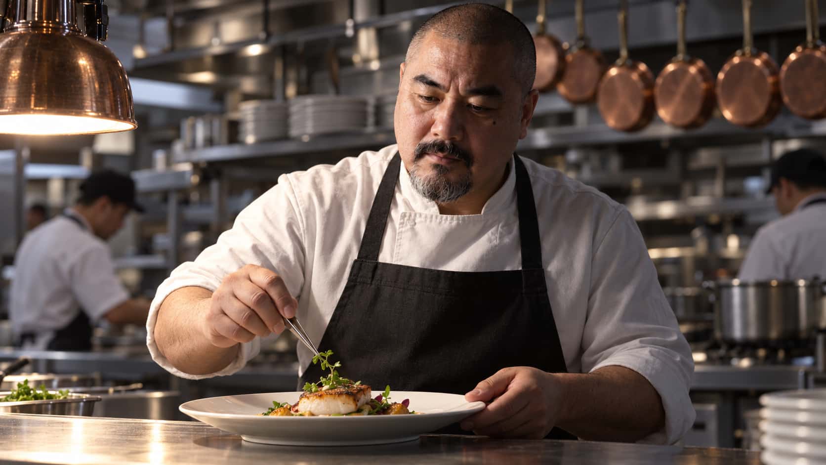 A stocky man with a shaved head, a salt-and-pepper goatee and a mole under his left eye, in a white chef's jacket and black apron, places a sprig of herb on a white plate with tweezers at a kitchen pass, one half of his face lit and the other in deep shadow.