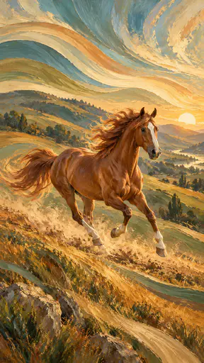 A chestnut horse with a flowing mane gallops across an open hillside beneath a windswept sky with its contour echoed in undulating colour bands.