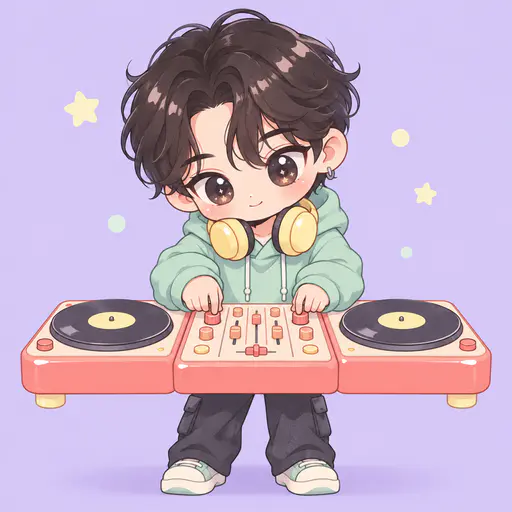 A chibi adult DJ with a big head in a mint hoodie and round headphones turns two knobs on a chunky mixer between two turntables on a pale lavender field.