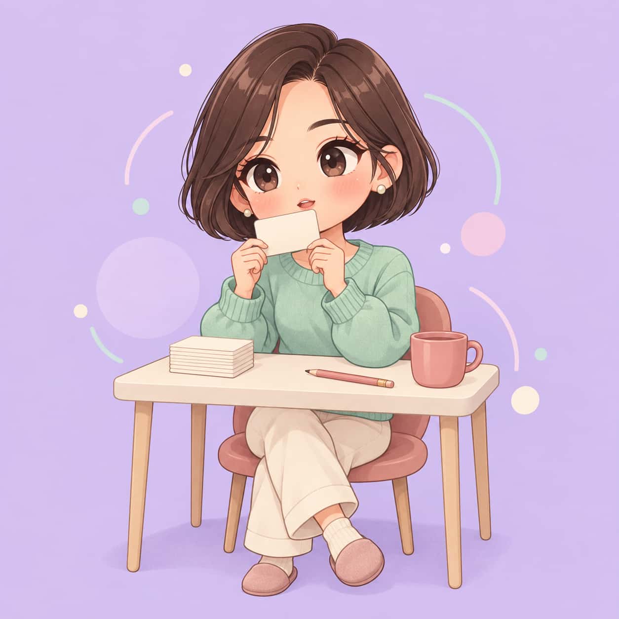 A fictional adult chibi woman with a bob in a mint sweater holds a blank flashcard to her lips beside a stack of blank cards and a mug on a pale lilac field with soft circles and dots.