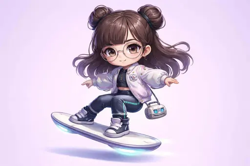 Full-body centered chibi girl with oversized round wire-frame glasses carving mid-air on a glossy white hoverboard against a seamless soft lavender background, wearing an iridescent satin bomber, navy neoprene pants with cyan and lilac accents, and a tiny robot-head pouch.