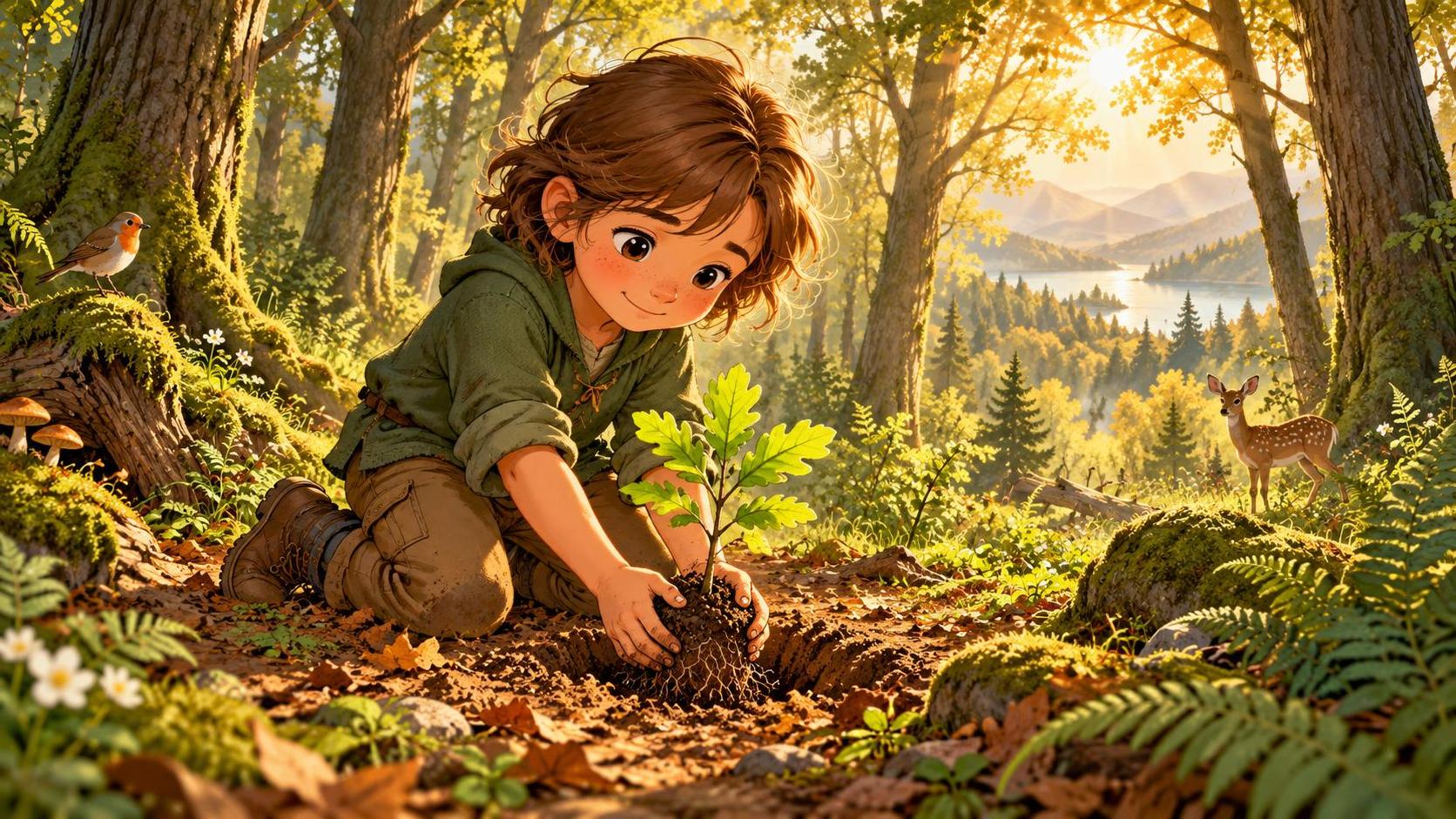 A child planting a small seedling in a forest.