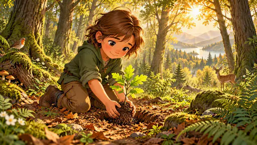 A child planting a small seedling in a forest.