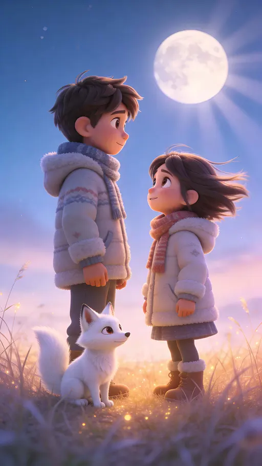 Two children stand in soft glowing grass with a small white fox in side profile beneath a pastel blue night sky and softly glowing full moon, wind-tousled hair and cozy winter clothing.