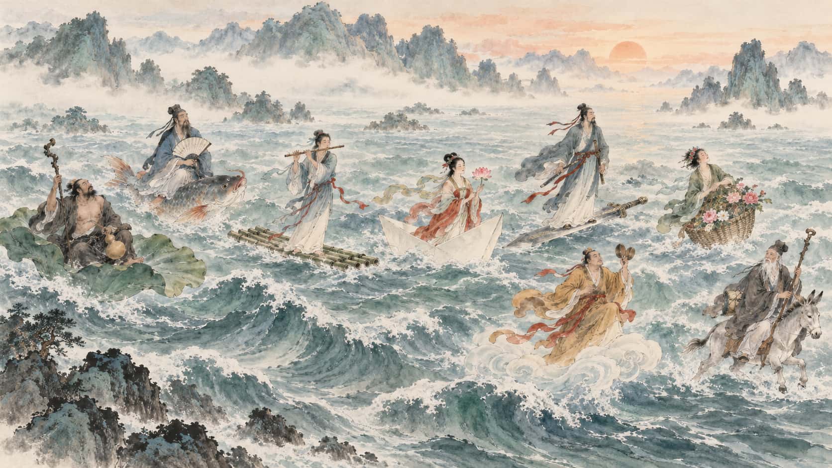 The Chinese Eight Immortals, robed figures with a gourd, a fan, a flute, a lotus, a sword, a flower basket, castanets and a staff, cross a wide misty sea on a lotus, a fish, a raft and a boat toward distant peaks.