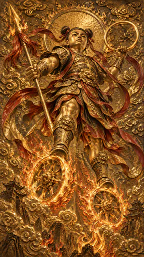The Chinese protector god Nezha in lacquered armour with a streaming silk ribbon, a fire-tipped spear and a gold ring rises on two spinning wind-fire wheels in hammered gilded bronze.