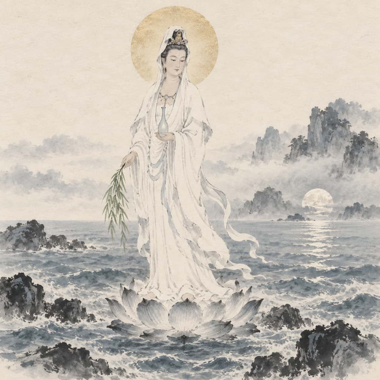 The Chinese bodhisattva Guanyin stands in white robes on a lotus on the sea holding a slender vase and a willow branch under a soft halo with misty cliffs and a low moon in ink dabs.