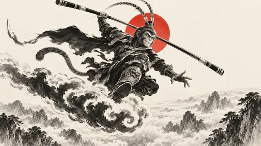 The Chinese Monkey King Sun Wukong in a feathered cap swings a golden-banded staff on a streaming somersault cloud above pine-covered peaks with a single red sun disc in bold brush ink.