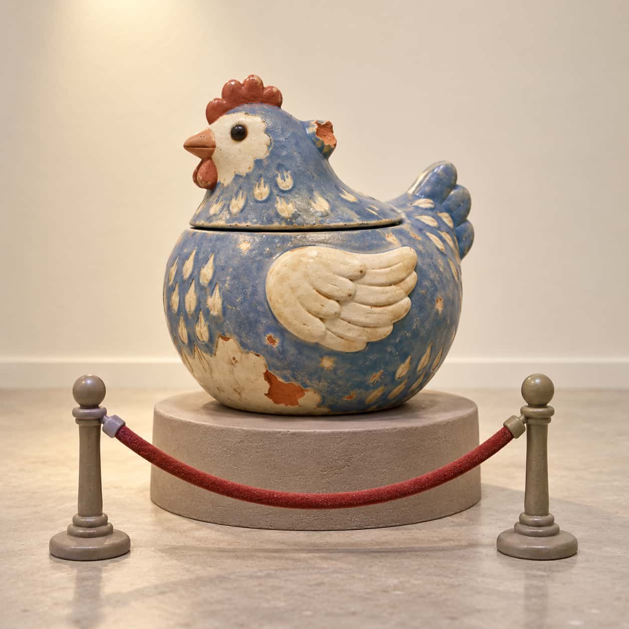 A chipped blue hen shaped cookie jar stands on a small round pedestal behind a clay velvet rope in a pale museum space, modelled in smooth polymer clay.