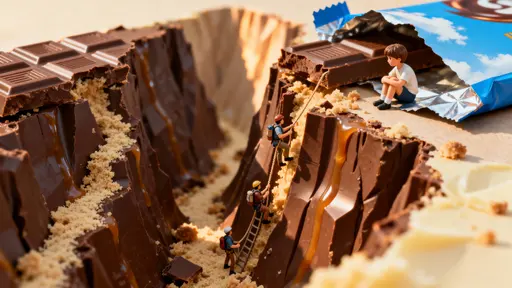 A chocolate bar cracked open reveals a miniature canyon where tiny explorers climb between chocolate cliffs while a child sits on the paper wrapper watching with quiet wonder and a soft afternoon glow envelops the scene.