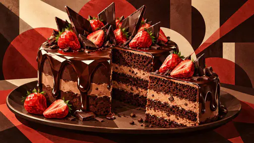 A decadent chocolate cake with glossy ganache, chocolate shards and ripe strawberries on top has a slice cut out and sits on a dark plate.