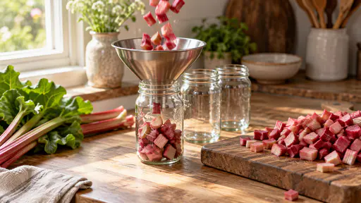 On a scrubbed kitchen bench in warm side light chopped pink rhubarb is funnelled through a steel funnel into a clean glass bottling jar beside a mound of chopped rhubarb on a board and two more empty clean jars waiting with a few rhubarb leaves at the edge.