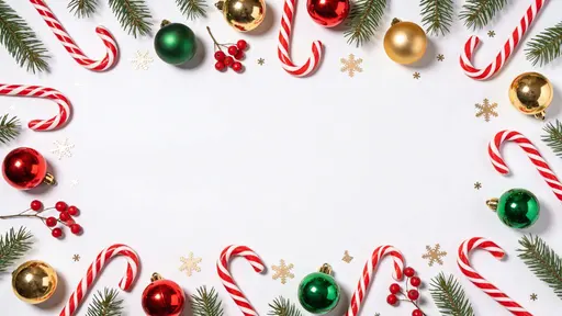 Top-down Christmas flat-lay border on a clean white background with pine branches along the top edge, evenly spaced red-and-white candy canes, red, green and gold baubles, clusters of red berries and light gold snowflake confetti, leaving a
