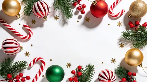 Top-down 16:9 Christmas flat lay border on a white background showing fresh pine branches, diagonal red-and-white candy canes, red, green and gold baubles, red berries and gold snowflake confetti.