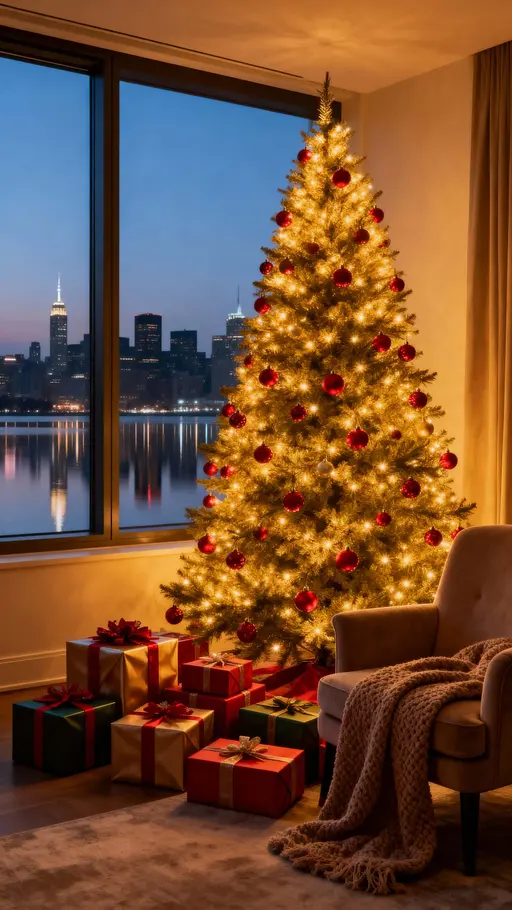 A warmly lit modern living room with a tall Christmas tree draped in dense golden lights and red baubles beside a large window revealing a calm nighttime skyline with gentle reflections.